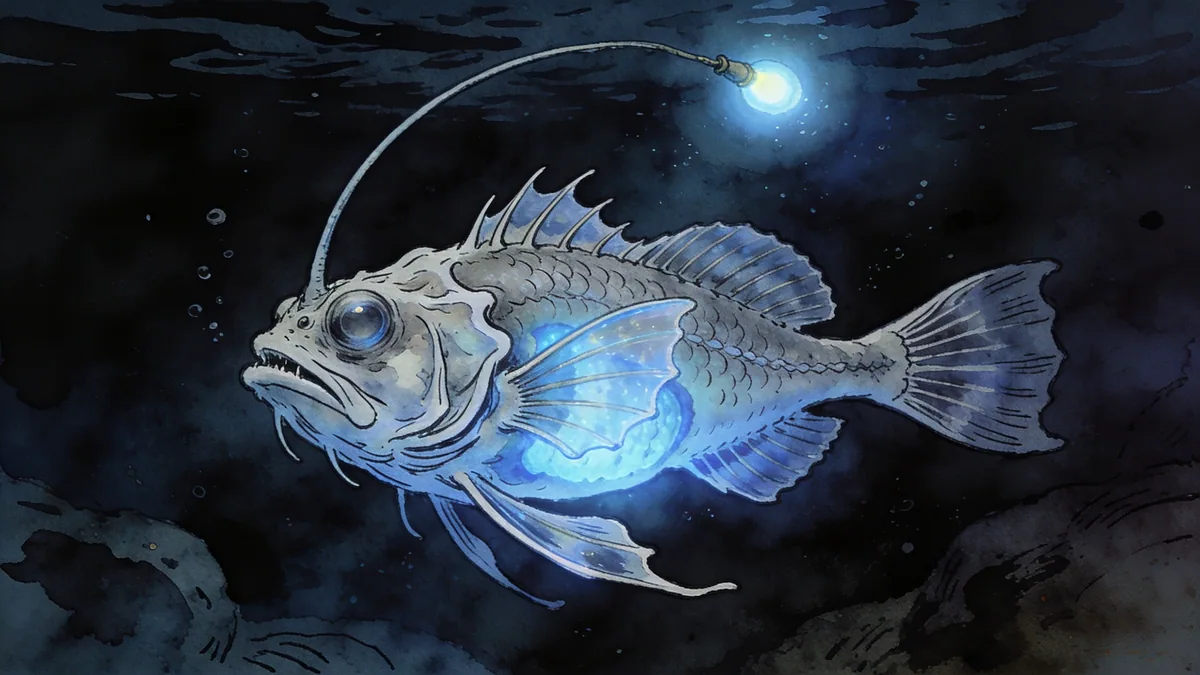 Visual depiction of A deep-sea anglerfish drifting in the midnight zone