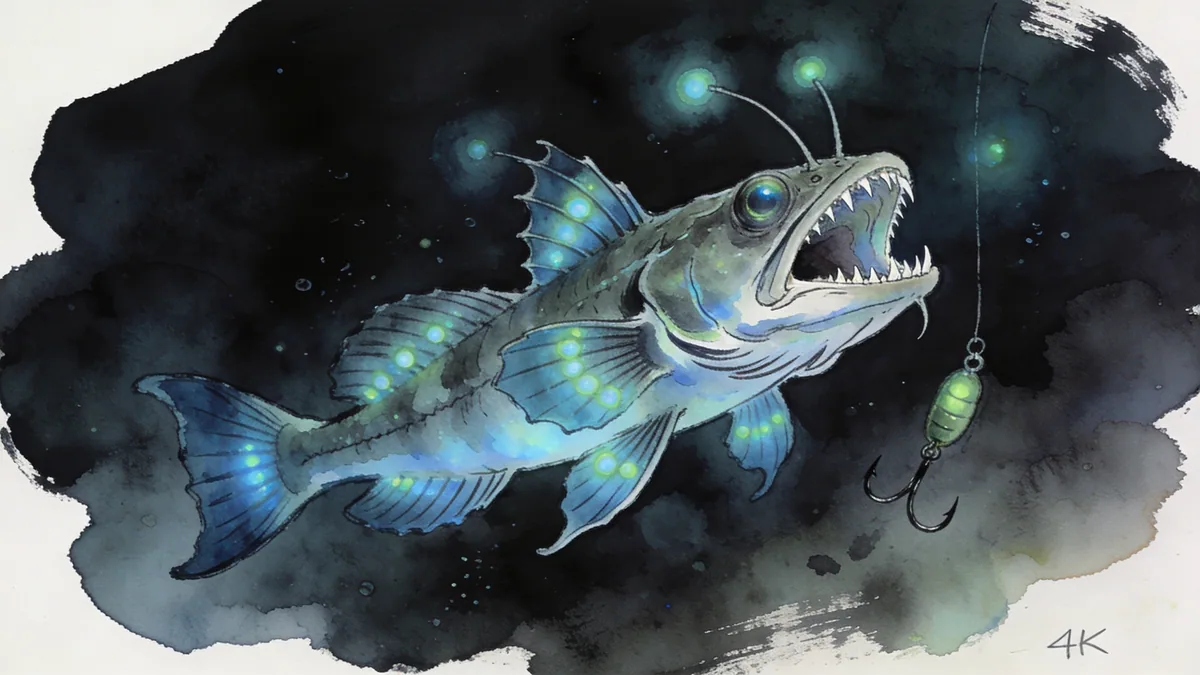 Visual depiction of A deep sea viperfish with hinged jaw and photophores