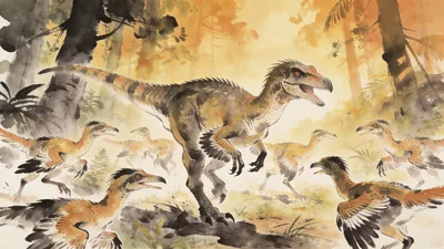 Visual depiction of A Deinonychus pack surrounding a larger dinosaur in a Cretaceous forest