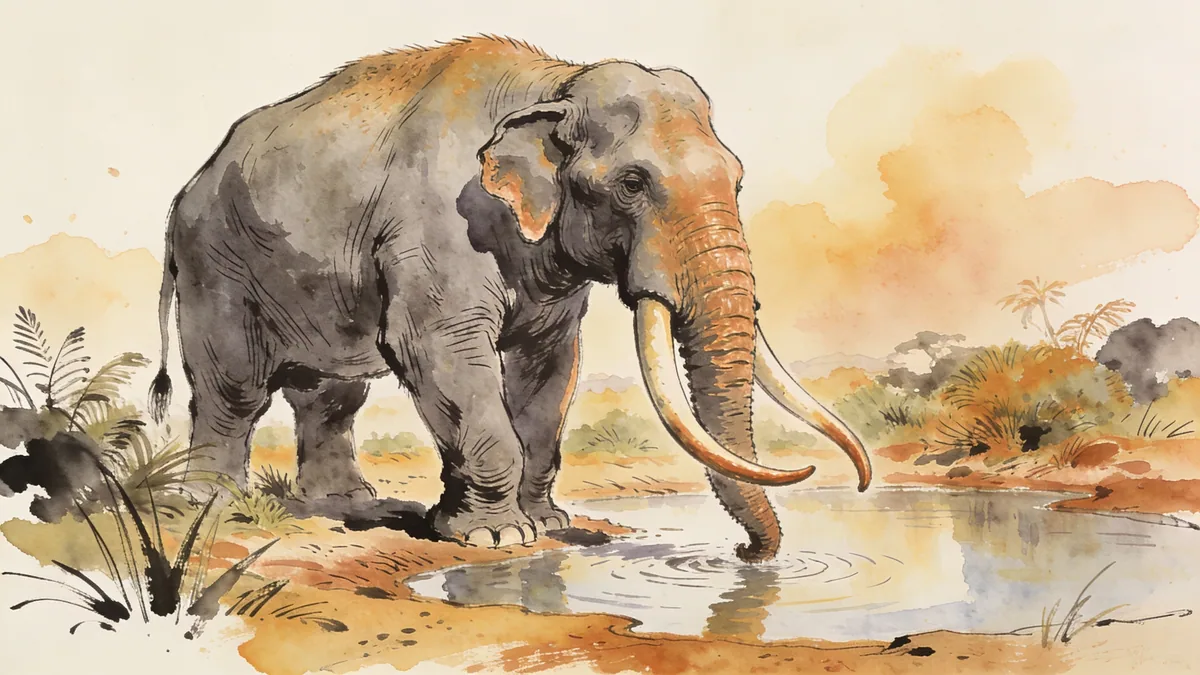 Visual depiction of A Deinotherium — elephant with downward-curving tusks — at a Miocene waterhole