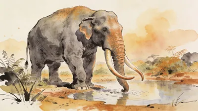 Visual depiction of A Deinotherium — elephant with downward-curving tusks — at a Miocene waterhole