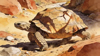 Visual depiction of A desert tortoise crossing a dry rocky arroyo at midday