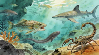 Visual depiction of A Devonian reef teeming with armoured fish