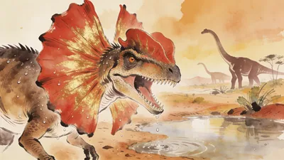 Visual depiction of A Dilophosaurus with frill extended in threat display near a Jurassic watering hole