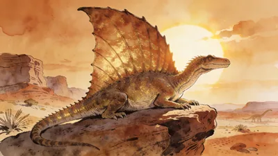 Visual depiction of A Dimetrodon basking on a Permian desert rock