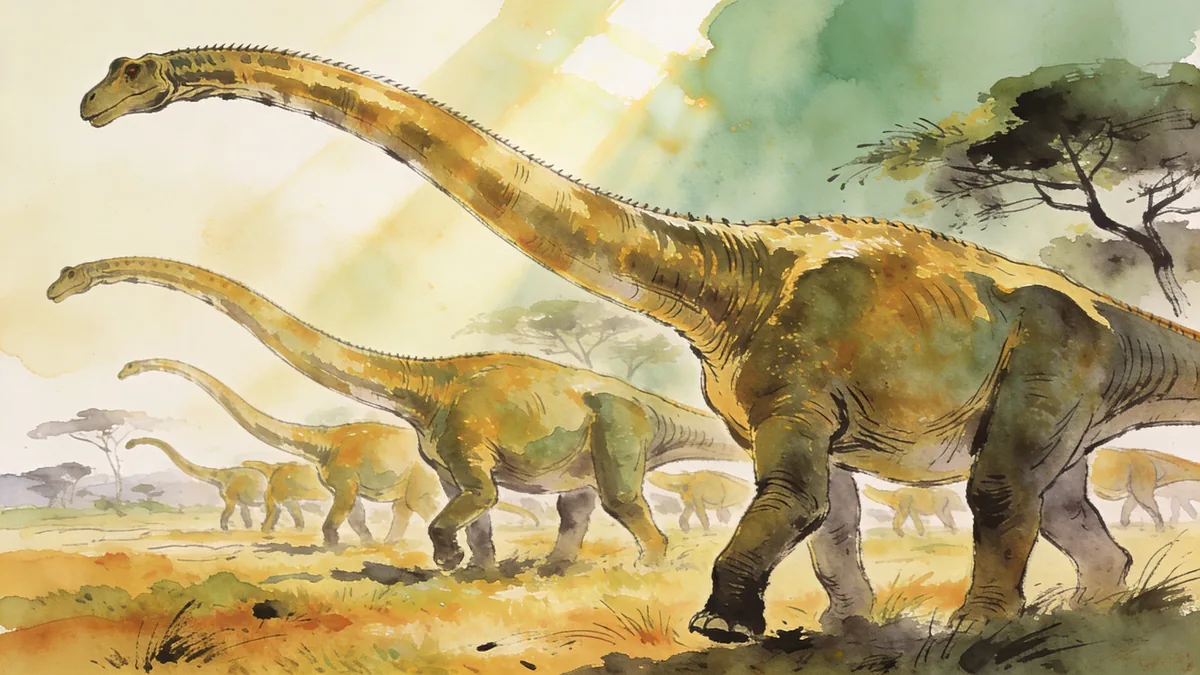 Visual depiction of A Diplodocus herd moving through open Jurassic savanna