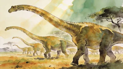 Visual depiction of A Diplodocus herd moving through open Jurassic savanna
