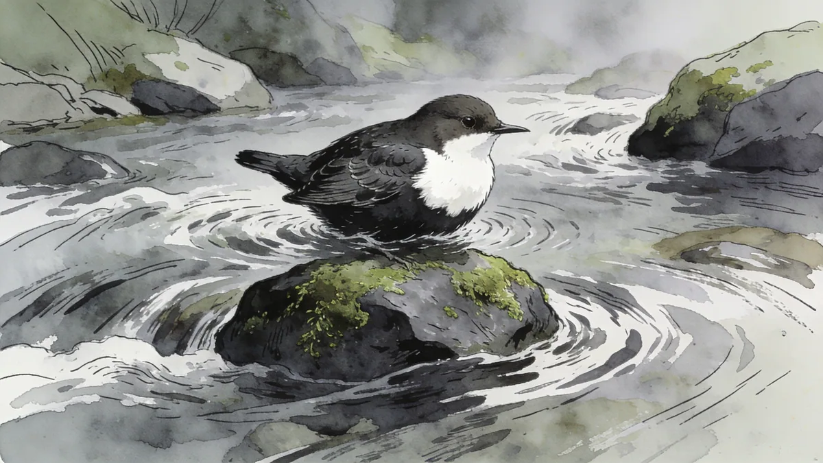 Visual depiction of A dipper bobbing on a mossy stone in a fast mountain stream