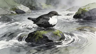 Visual depiction of A dipper bobbing on a mossy stone in a fast mountain stream