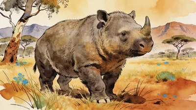 Visual depiction of A Diprotodon — wombat the size of a rhinoceros — in a Pleistocene Australian landscape