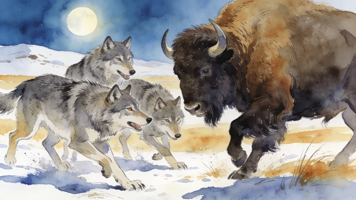 Visual depiction of A dire wolf pack cornering a bison on a Pleistocene plain