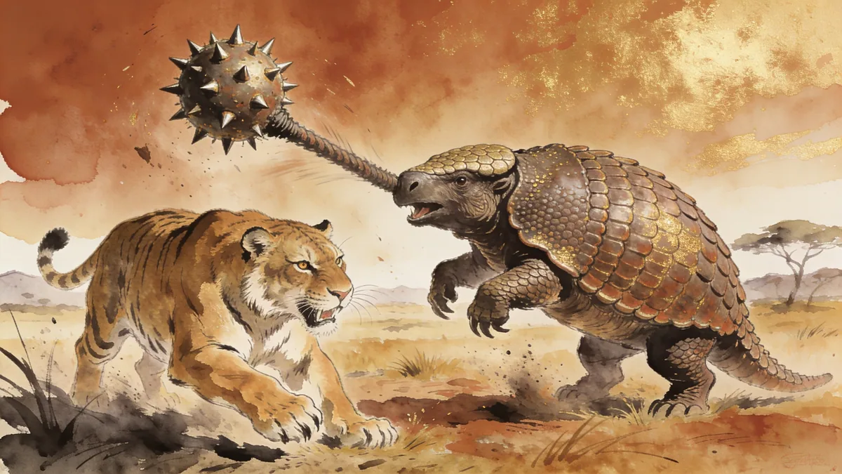 Visual depiction of A Doedicurus swinging its spiked mace tail at a Smilodon on a Pleistocene plain