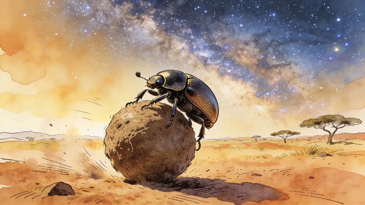 Visual depiction of A dung beetle rolling its perfect sphere across sun-baked African savanna