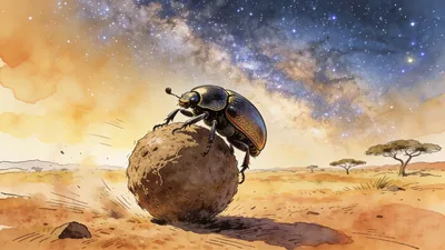Visual depiction of A dung beetle rolling its perfect sphere across sun-baked African savanna