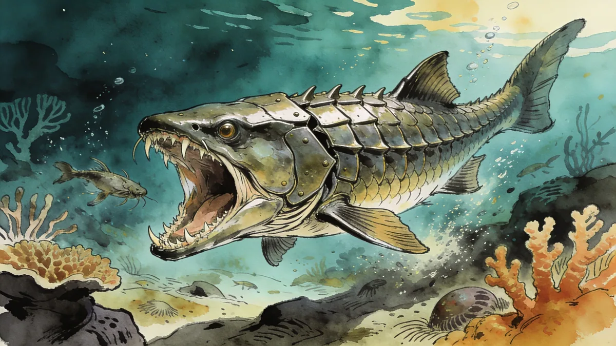 Visual depiction of A Dunkleosteus armoured fish lunging at prey in a Devonian reef