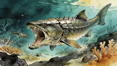 Visual depiction of A Dunkleosteus armoured fish lunging at prey in a Devonian reef