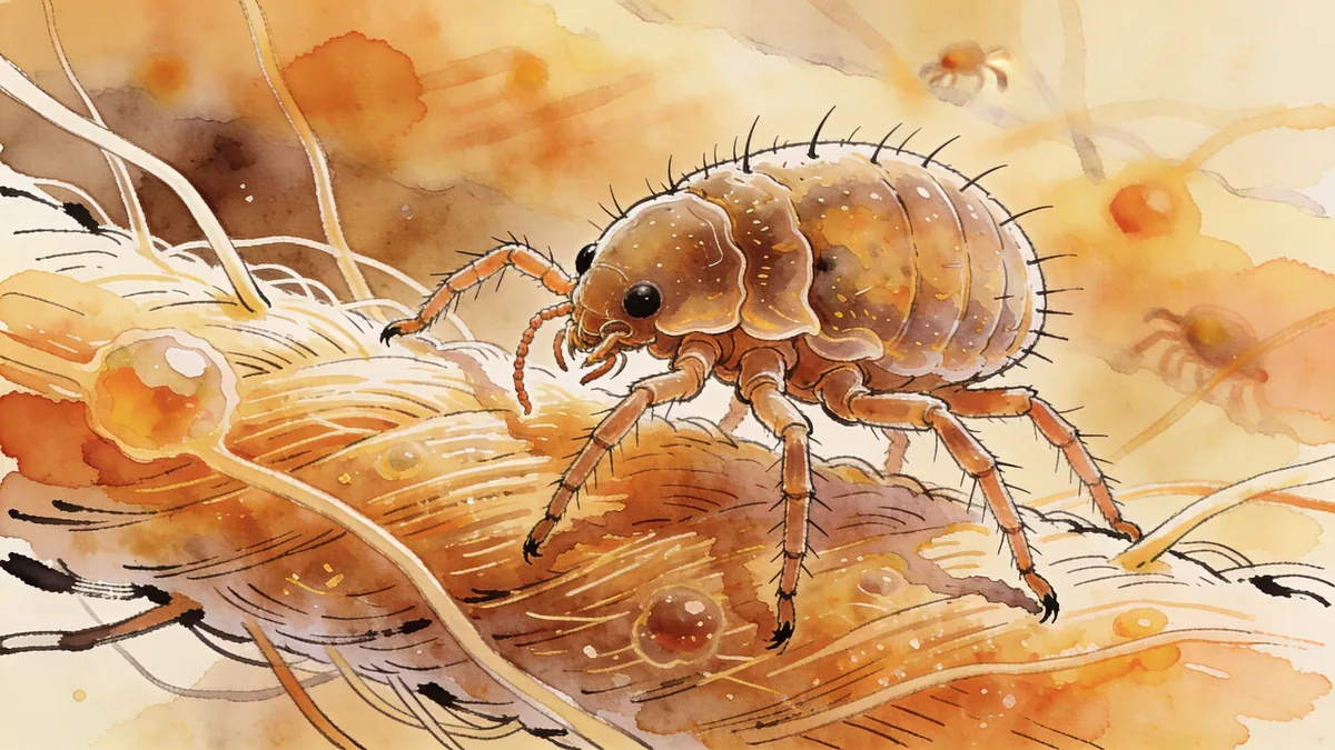 Visual depiction of A dust mite on a fabric fibre under extreme magnification