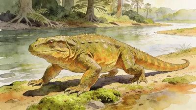 Visual depiction of A Eryops — massive early amphibian — hauled out on a Carboniferous riverbank