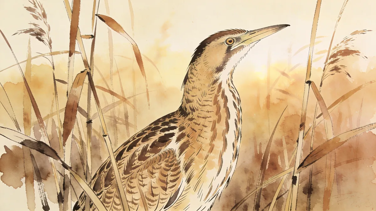 Visual depiction of A Eurasian bittern standing in a reedbed