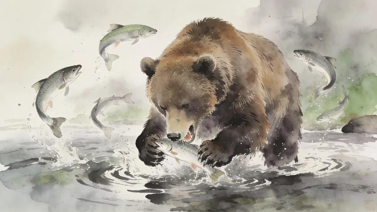 Visual depiction of A Eurasian brown bear fishing in a cold Siberian river