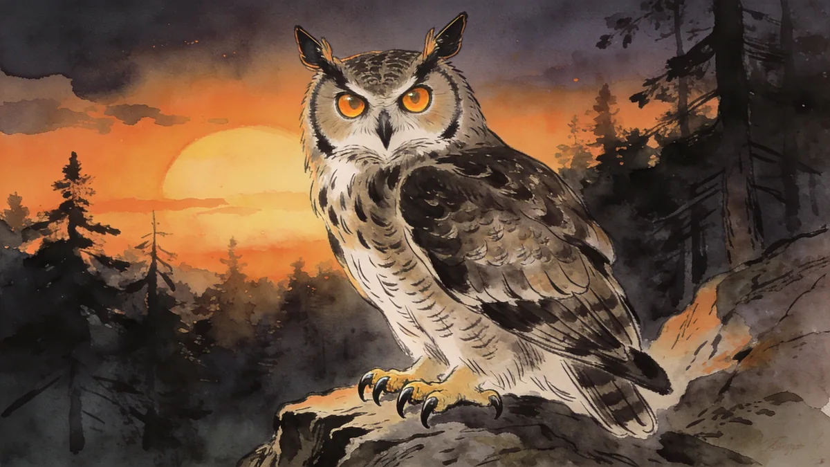Visual depiction of A Eurasian eagle-owl on a rocky forest ledge at dusk