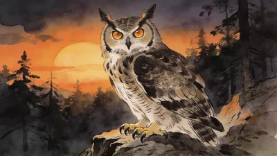 Visual depiction of A Eurasian eagle-owl on a rocky forest ledge at dusk