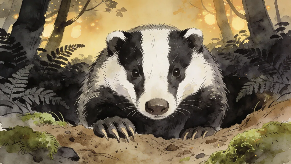 Visual depiction of A European badger emerging from its sett at dusk