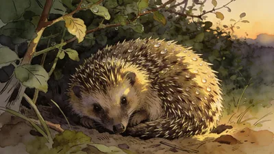 Visual depiction of A European hedgehog curled at the base of a hedgerow in evening light