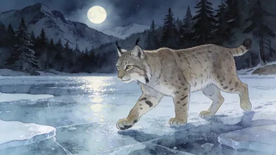 Visual depiction of A European lynx crossing a frozen mountain lake at night