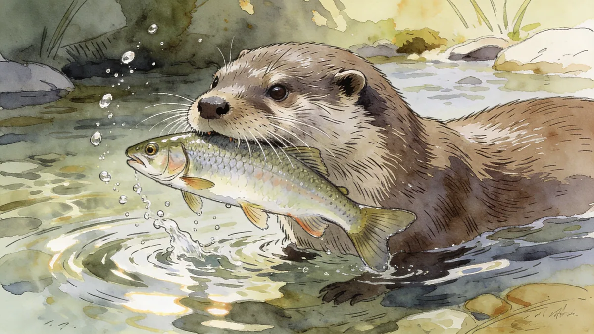 Visual depiction of A European otter with a freshly caught trout in a clear chalk stream