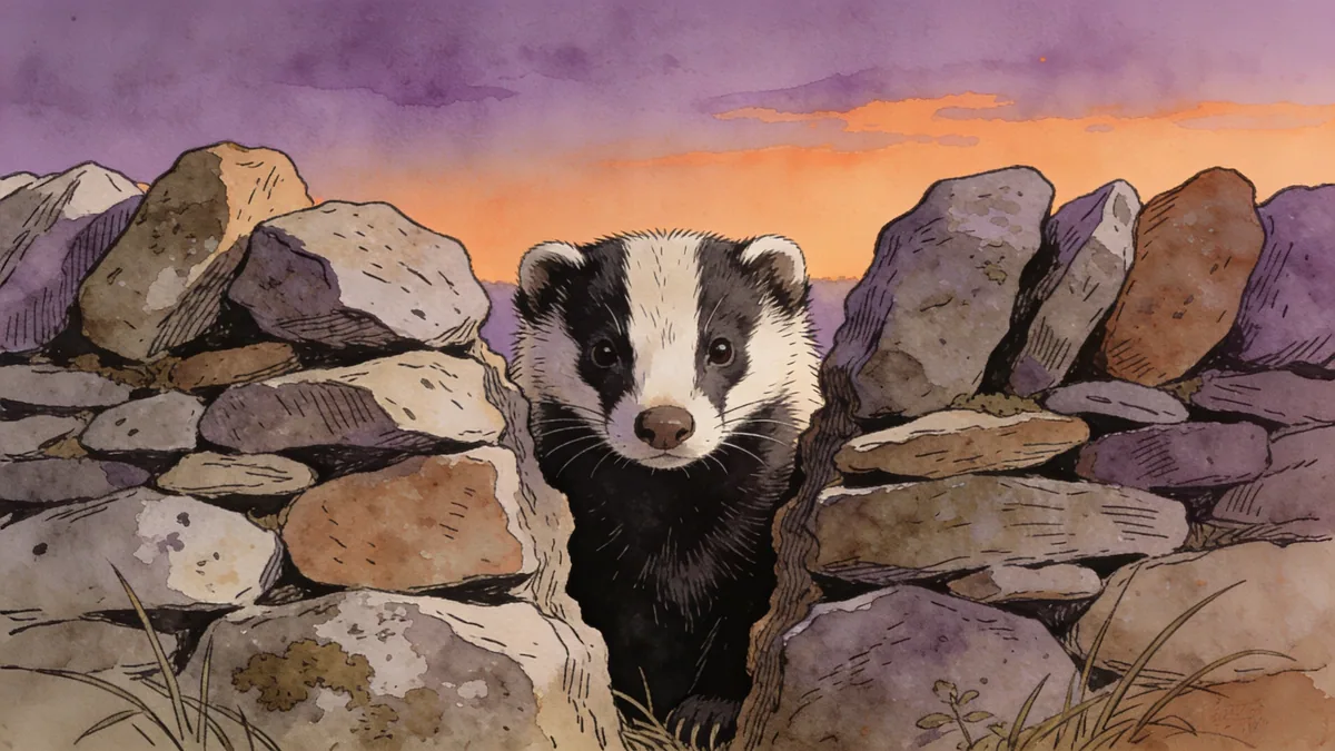 Visual depiction of A European polecat watching from a gap in a dry stone wall at dusk