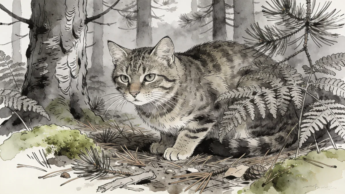 Visual depiction of A European wildcat crouching in a Scottish highland pine forest