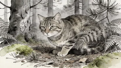 Visual depiction of A European wildcat crouching in a Scottish highland pine forest
