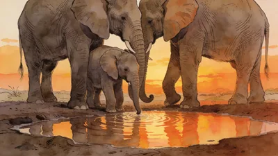 Visual depiction of A family of elephants with a newborn calf at a waterhole at sunset