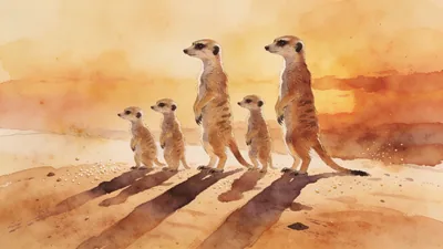Visual depiction of A family of meerkats at sunset