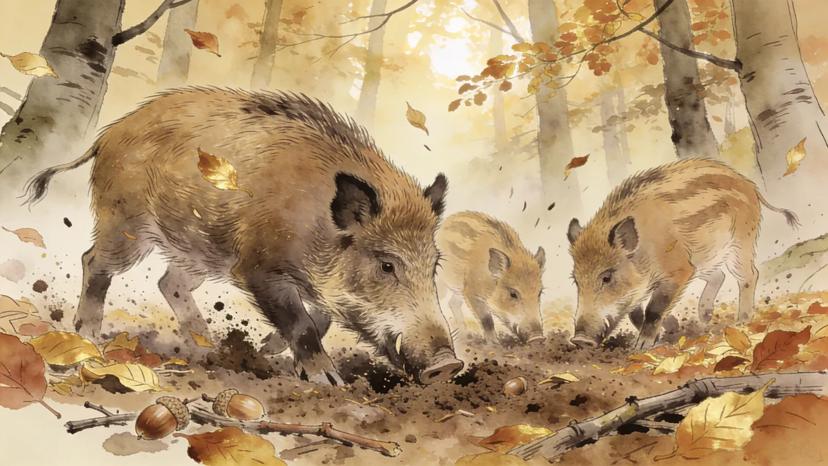 Visual depiction of A family of wild boar rooting through autumn beech forest floor