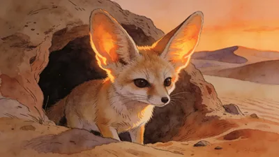Visual depiction of A fennec fox at the entrance to its desert den at dusk