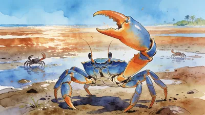 Visual depiction of A fiddler crab male on a tropical mudflat waving its enormous single claw at rivals