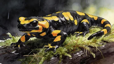 Visual depiction of A fire salamander on wet dark woodland moss after rain