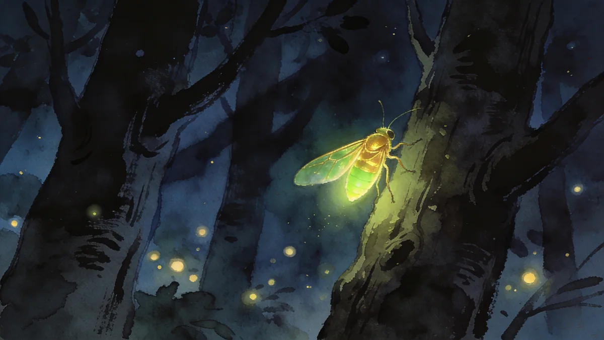 Visual depiction of A firefly glowing gold-green among dark forest trees at night