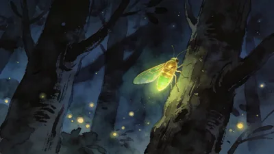 Visual depiction of A firefly glowing gold-green among dark forest trees at night