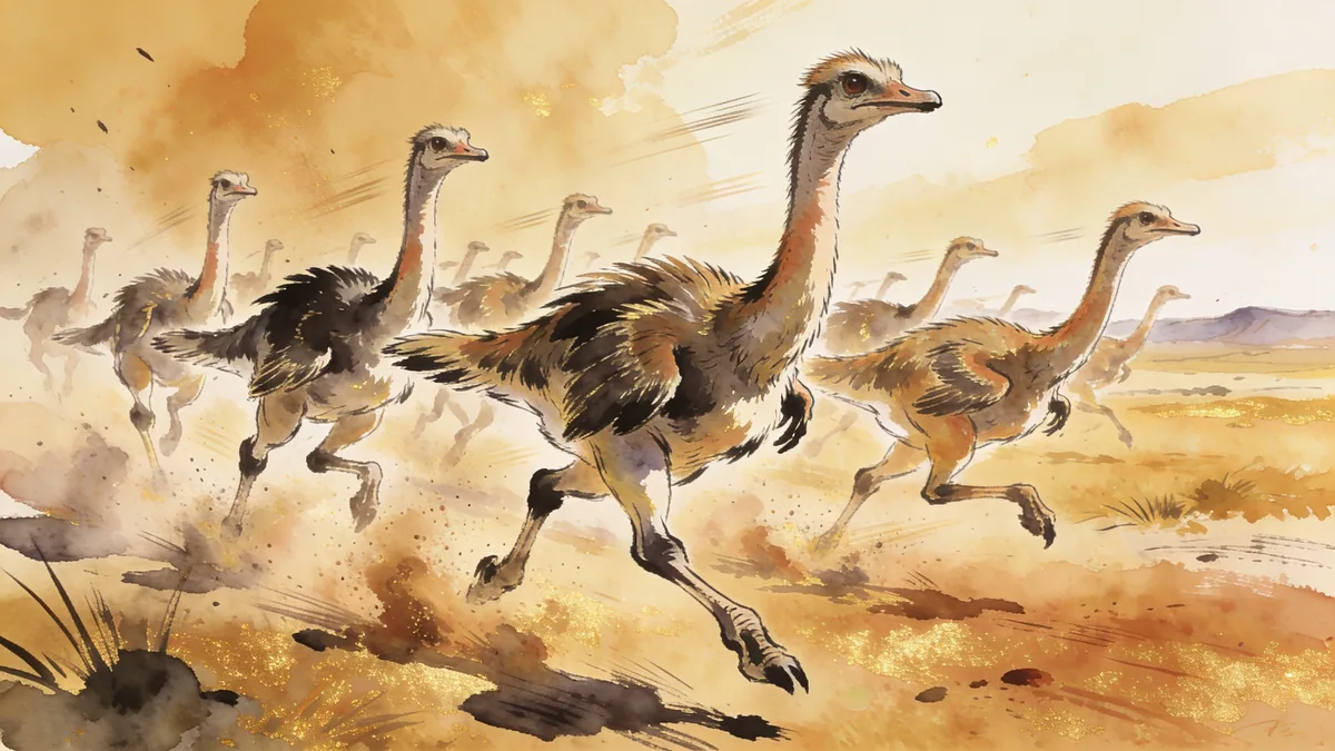 Visual depiction of A flock of Gallimimus running in panic across an open Cretaceous plain