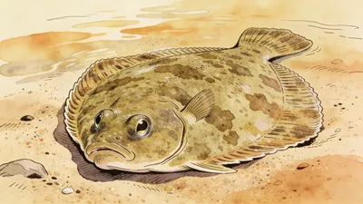 Visual depiction of A flounder lying perfectly camouflaged on a sandy seabed