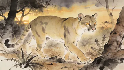 Visual depiction of A fossa prowling through a Madagascar dry forest at dusk