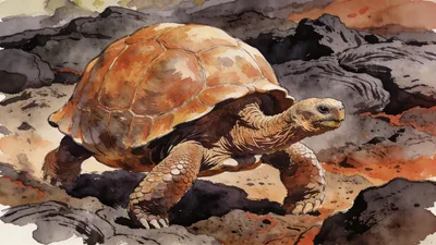Visual depiction of A Galápagos giant tortoise moving across lava fields