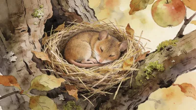 Visual depiction of A garden dormouse sleeping curled in a bird nest in an old apple tree