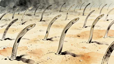 Visual depiction of A garden eel colony swaying from the sandy seafloor