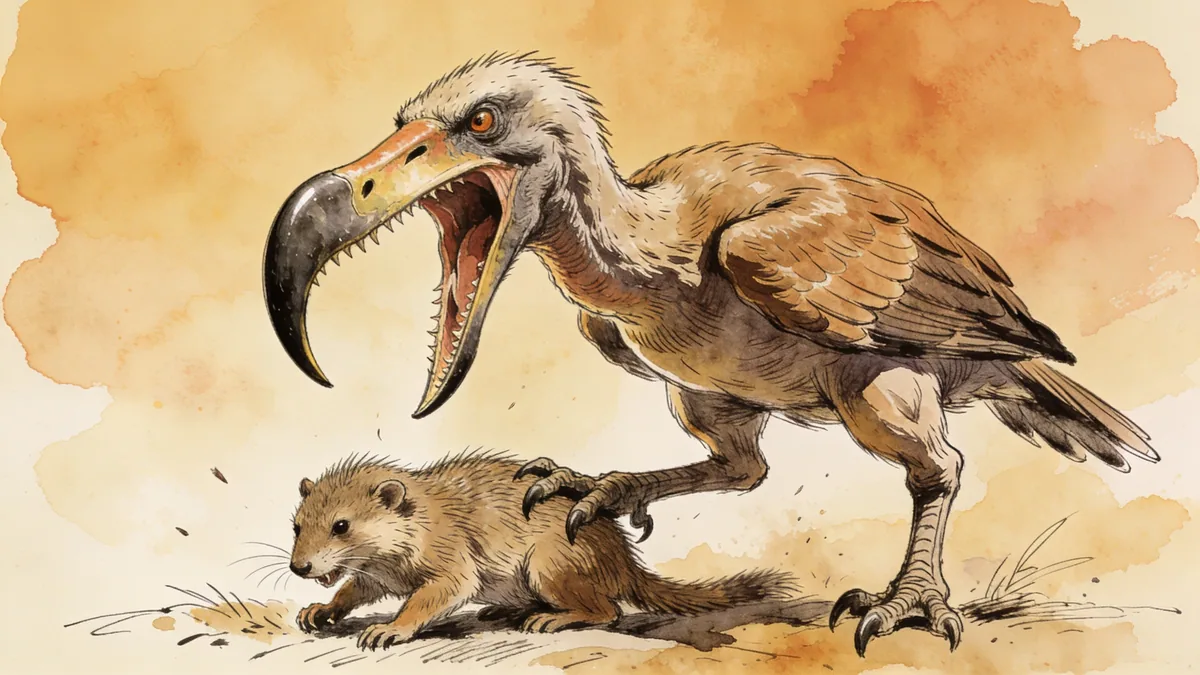 Visual depiction of A Gastornis terror bird standing over a Paleocene mammal