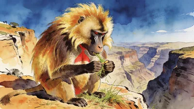 Visual depiction of A gelada baboon feeding on grass on a high Ethiopian plateau cliff edge