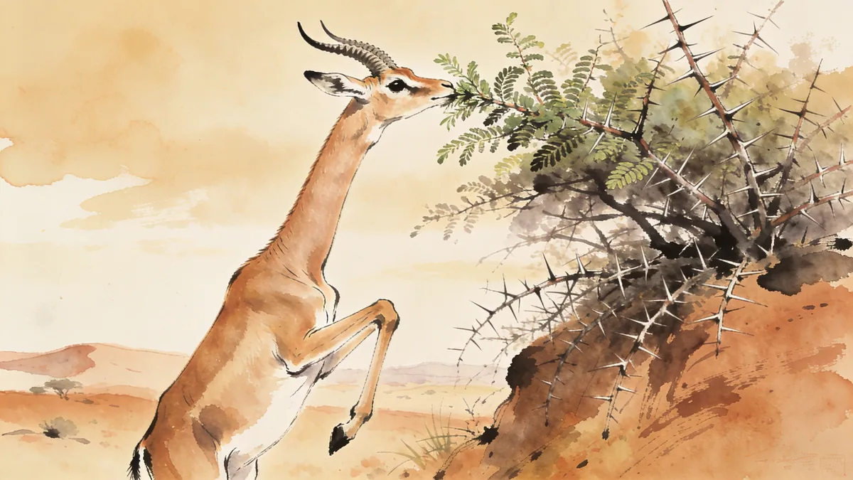 Visual depiction of A gerenuk standing on hind legs to browse acacia leaves